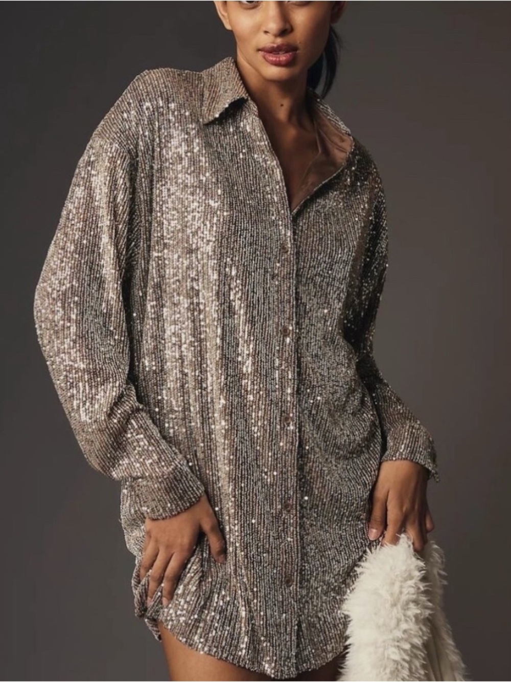 Anthropologie Sequin Shirt Dress in Champagne disco cowgirl - Picture 2 of 4